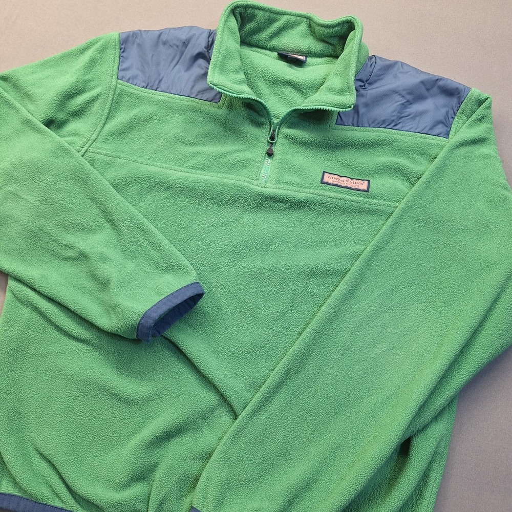 Vineyard Vines Mens Green Fleece 1/4 Zip Pullover Jacket Navy Trim Size M 1655